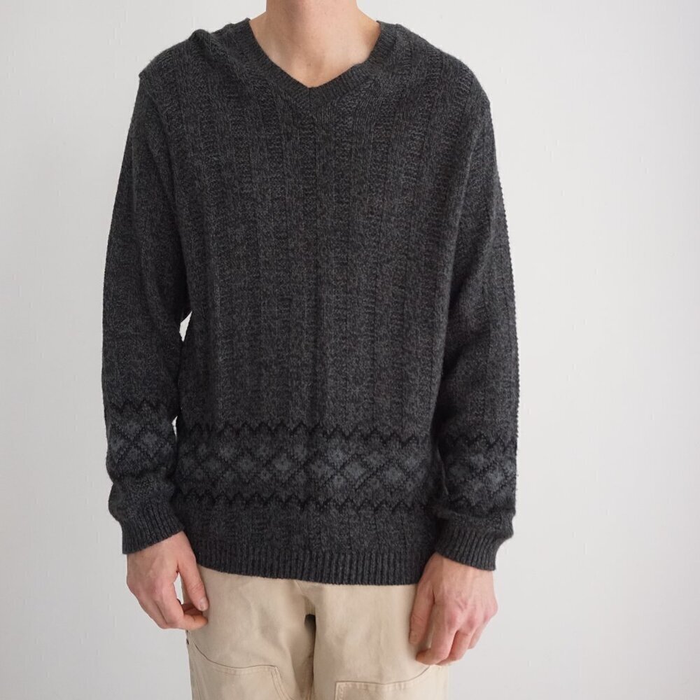 Vintage '90S Retreat Gray V-Neck Eclectic Grandpa Knit Sweater Medium